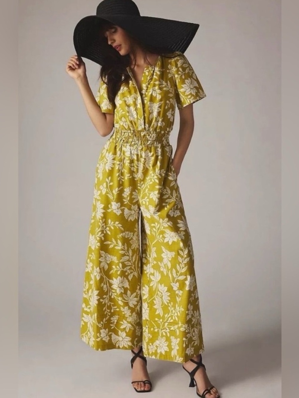 Anthropologie Yellow Floral Short-Sleeve Jumpsuit